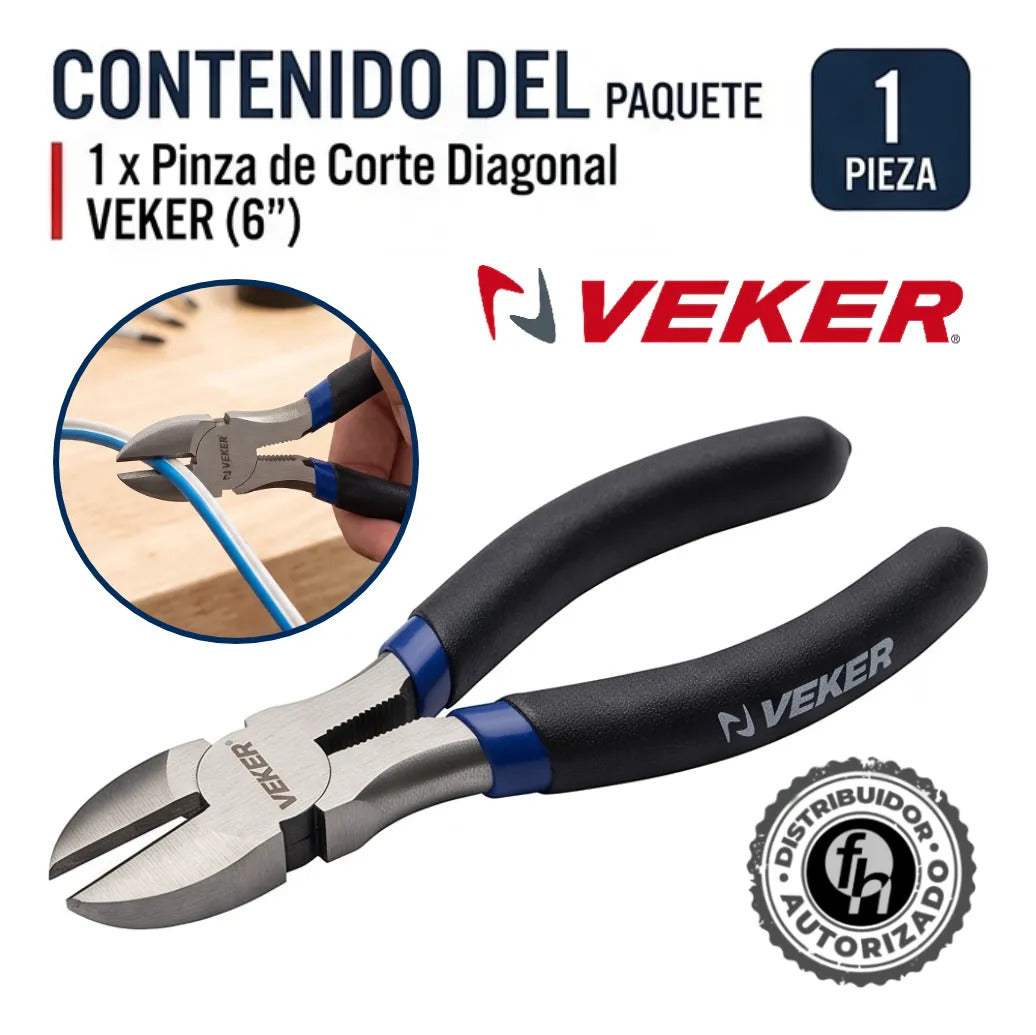 Pinza De Corte Diagonal Cables Y Alambres 6" Pulgadas Veker 12675 Alicate