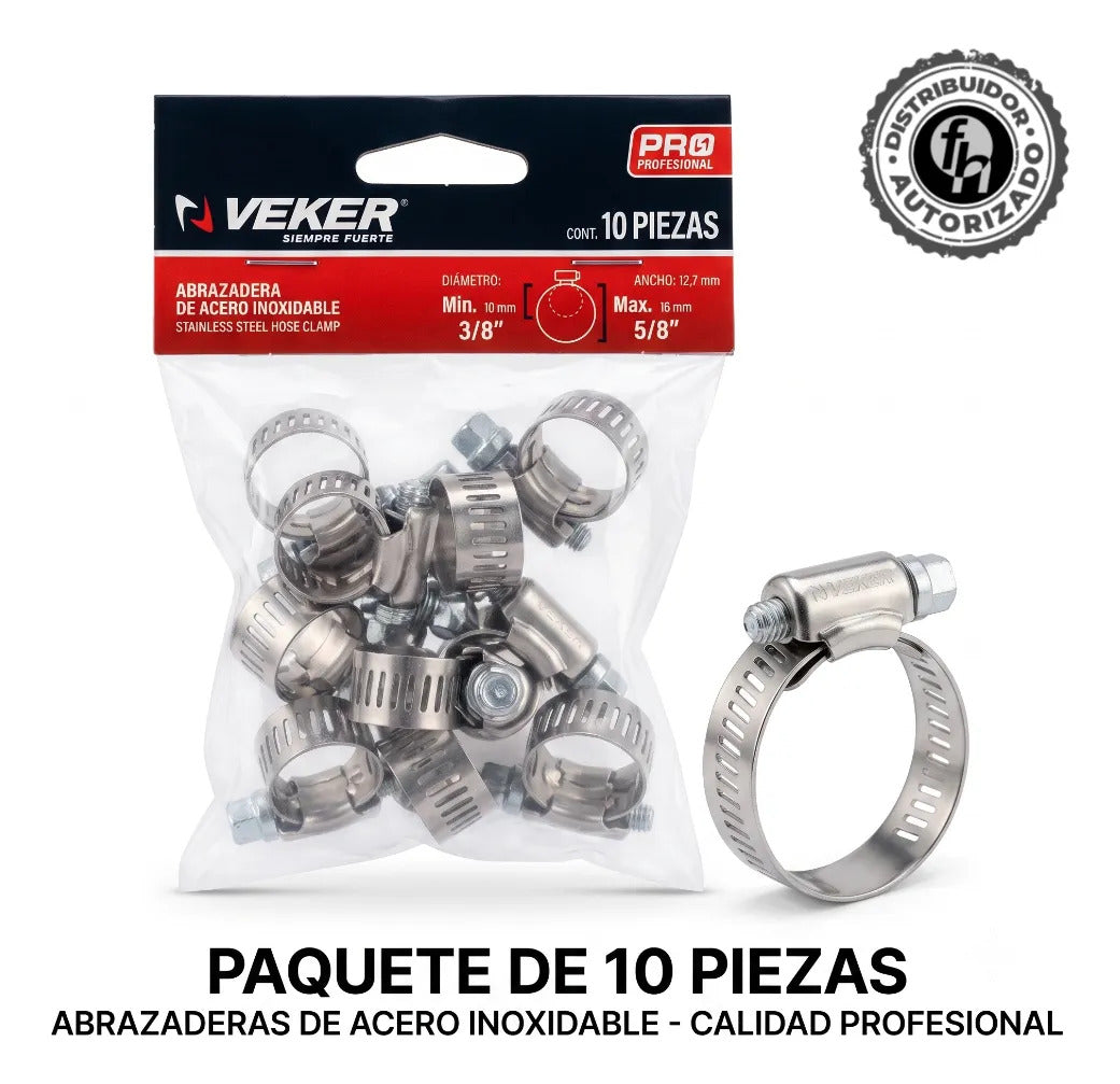 Abrazadera Reforzada 12584 Acero Inox 3/8 - 5/8 Veker 10pzs