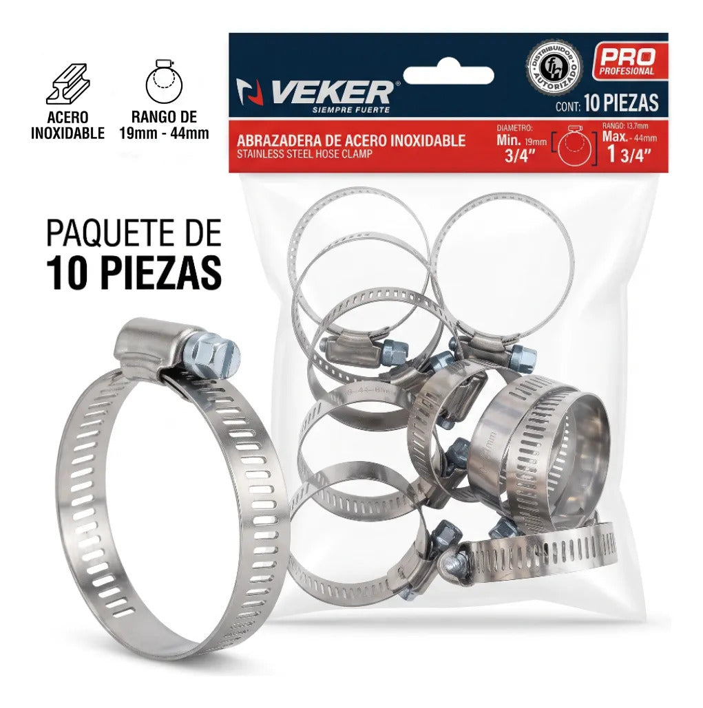 Abrazadera Reforzada 12591 Acero Inox 19-44mm Veker 10pzs