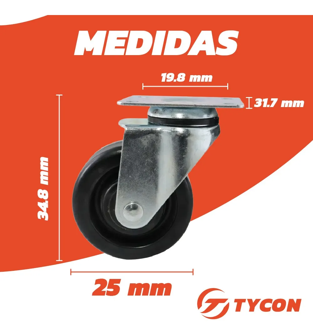 Rodaja Rueda Giratoria Hule 25 mm Con Balero y Placa 1 Pieza