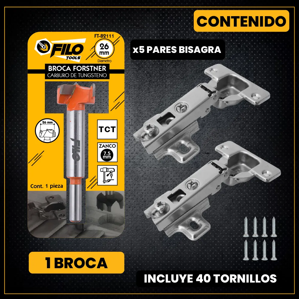Broca Tipo Forstner Para Madera 26 mm Carburo De Tungsteno + 5 Pares Bisagra