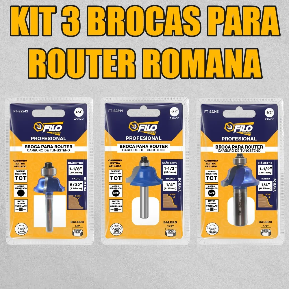 Set 3 Piezas Broca Para Router Rebajadora de Madera Romana