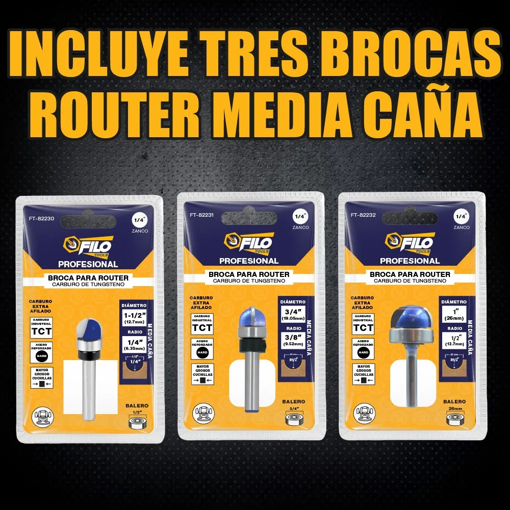 Set 3 Piezas Broca Para Router Rebajadora de Madera Media Caña