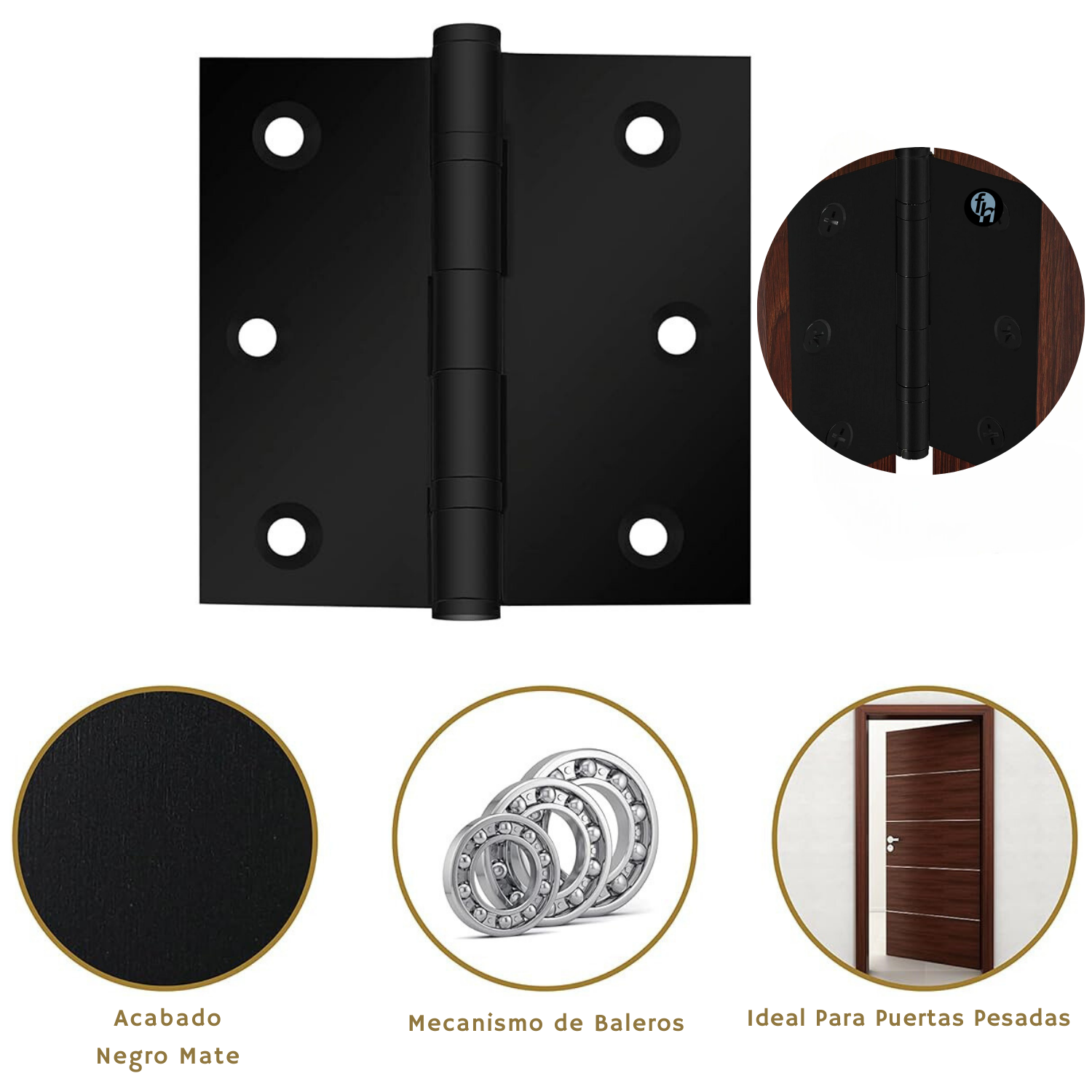 Bisagra 3x3'' Con Balero Para Puertas De Madera Negro Mate