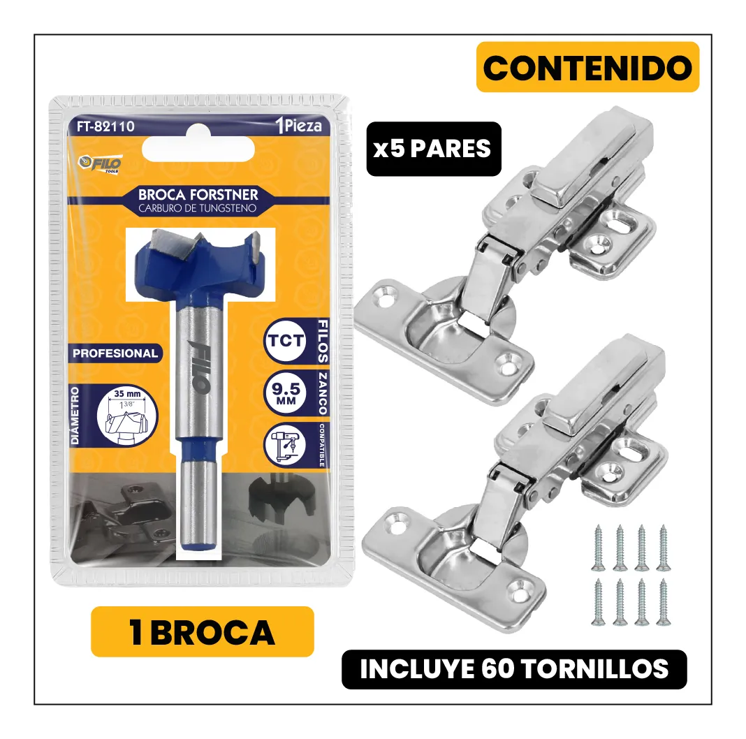 Broca Tipo Forstner Para Madera 35 mm Carburo De Tungsteno + 5 Pares Bisagra