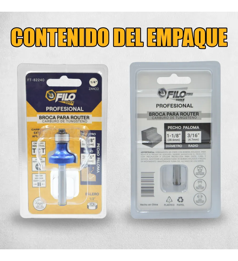 Broca Para Router 1 1/8'' Rebajadora de Madera Pecho Paloma con Balero 1 Pieza