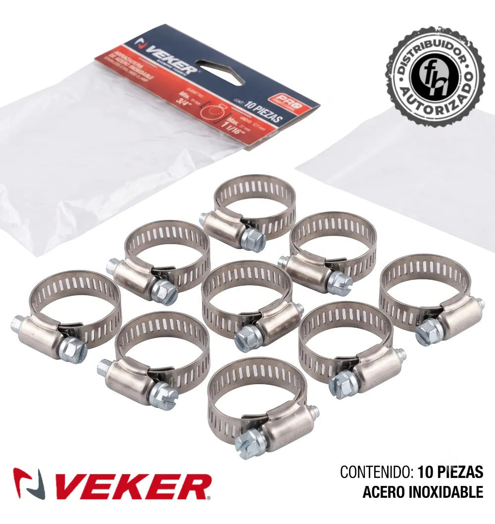 Abrazadera Reforzada 12588 Acero Inox 19 - 27mm Veker 10pzs