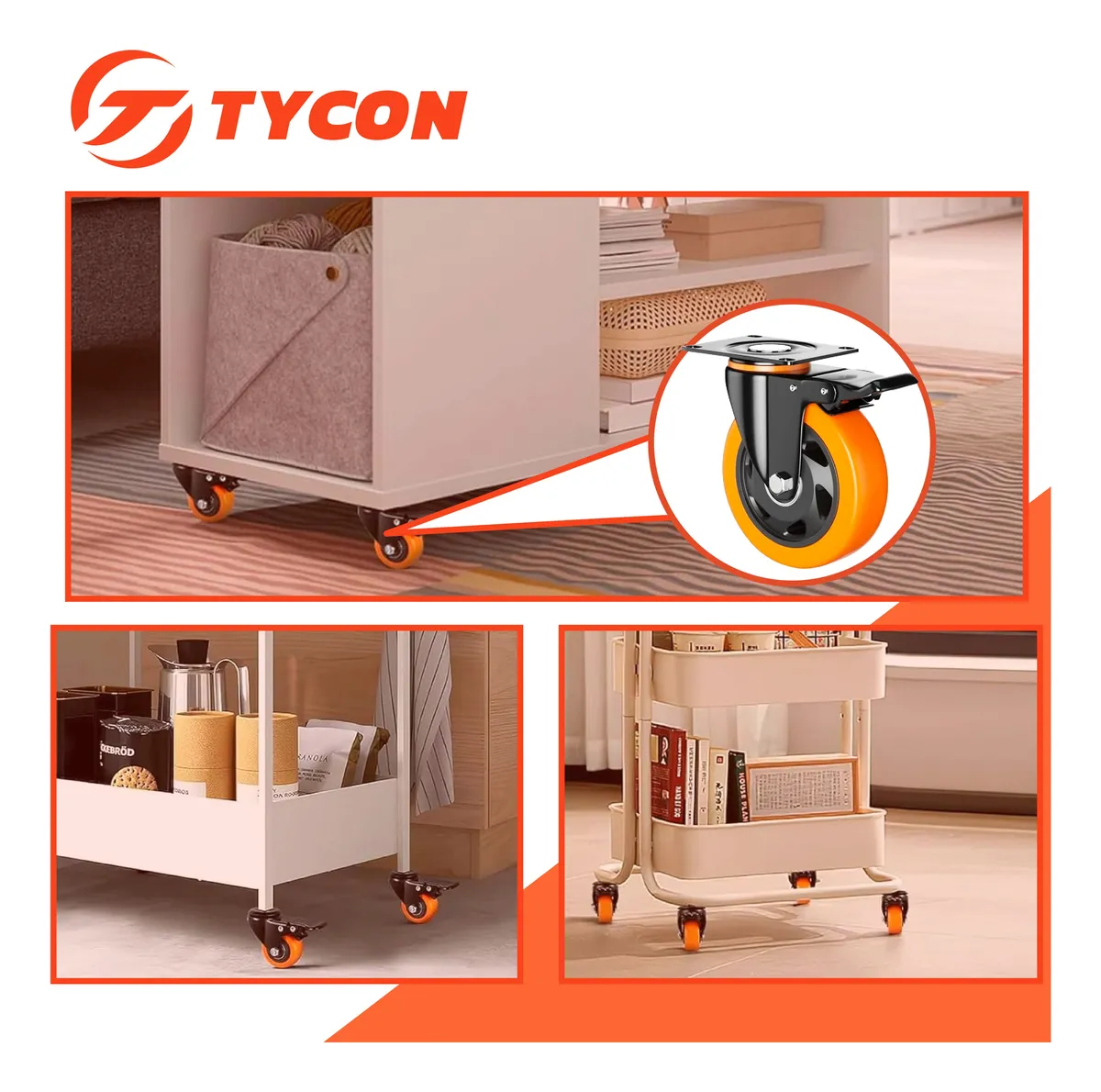 Rodaja Giratoria Rueda 150 mm Doble Balero Con Freno Tycon Naranja