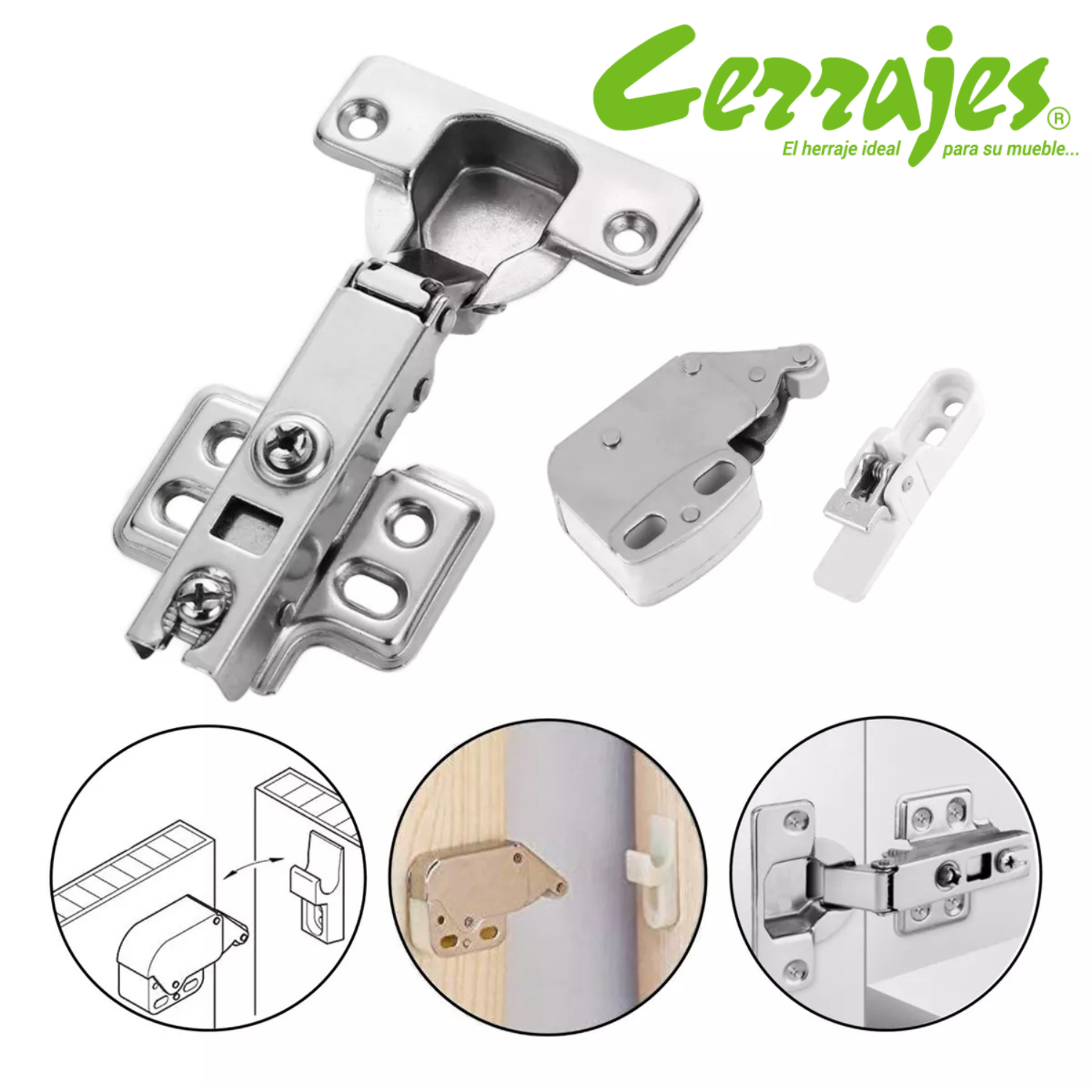Kit Bisagra Bidimensional Push Open Recta + Resbalón Forzador Cerrajes