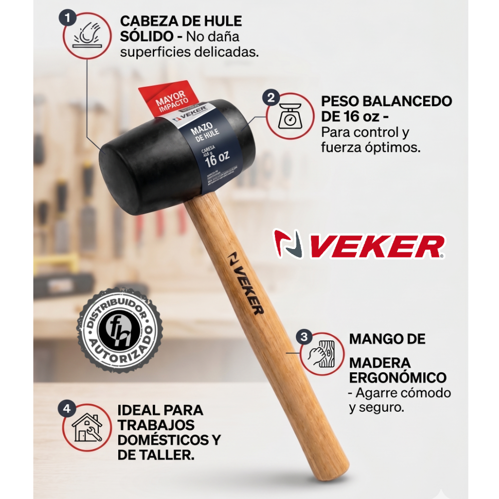 Mazo De Hule Negro 16oz (226gr) Mango De Encino Veker 12304