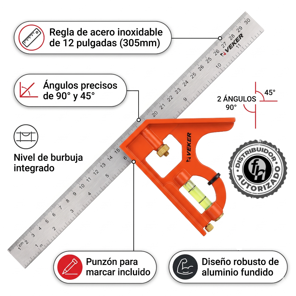 Escuadra Combinación 30cm Ángulos y Nivel Carpintero 12236