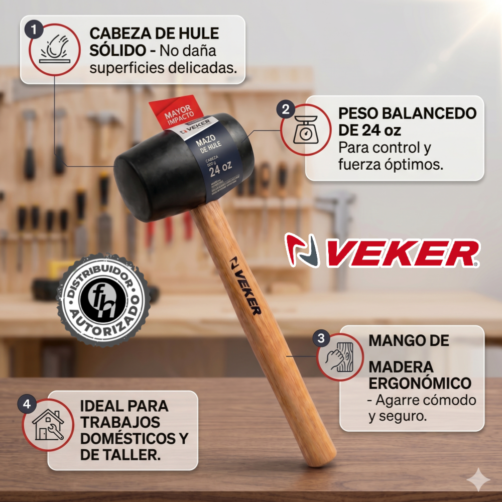 Mazo De Hule Negro 24oz (680gr) Mango De Encino Veker 12305
