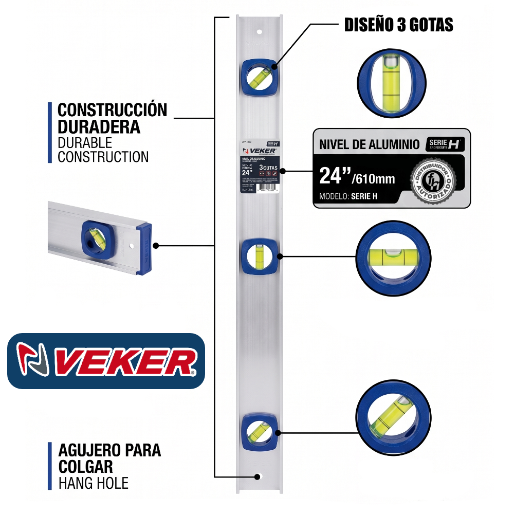 Nivel Aluminio Home 3 Gotas 24 Pulgadas Veker 12360