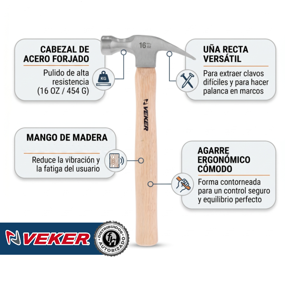 Martillo Pulido 16oz (454 gr) Uña Curva Mango Madera Veker 12310