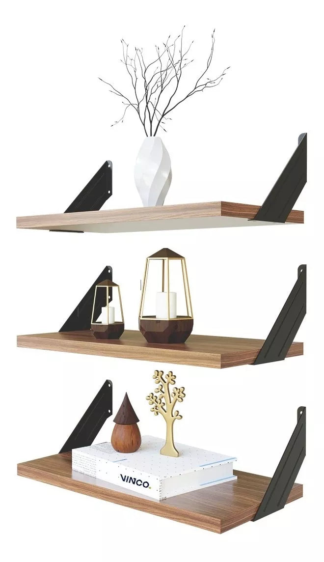 Set 3 Repisas Melamina 40x20 cm Nogal Soporte Lateral