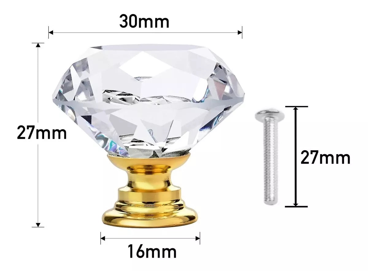 Perilla Jaladera De Cristal 30 mm Latón Brillante Forma Diamante