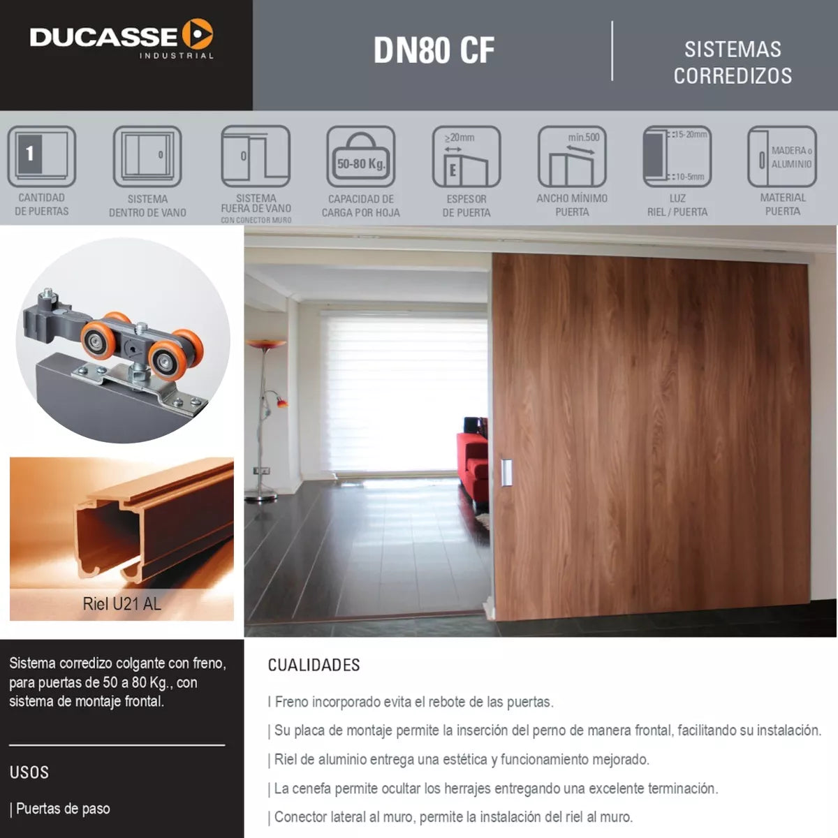 Sistema De Rodamiento  DN80-CF (Con Freno) Para Puerta Corrediza Ducasse