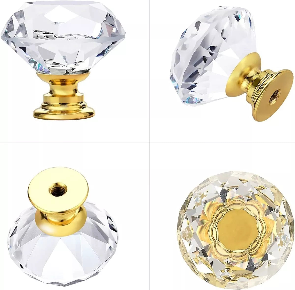 Perilla Jaladera De Cristal 30 mm Latón Brillante Forma Diamante