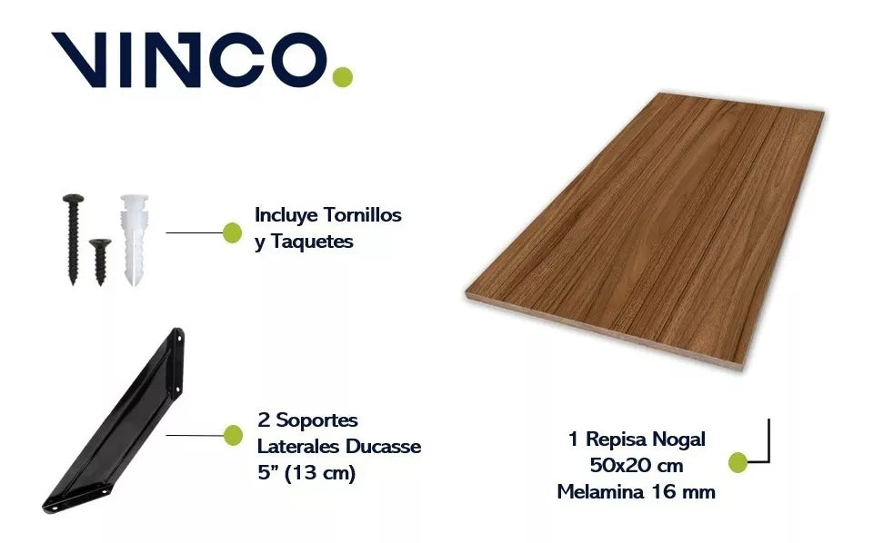 Repisa Estantería Melamina Nogal 50x20 cm Soporte Negro Minimalista Moderna