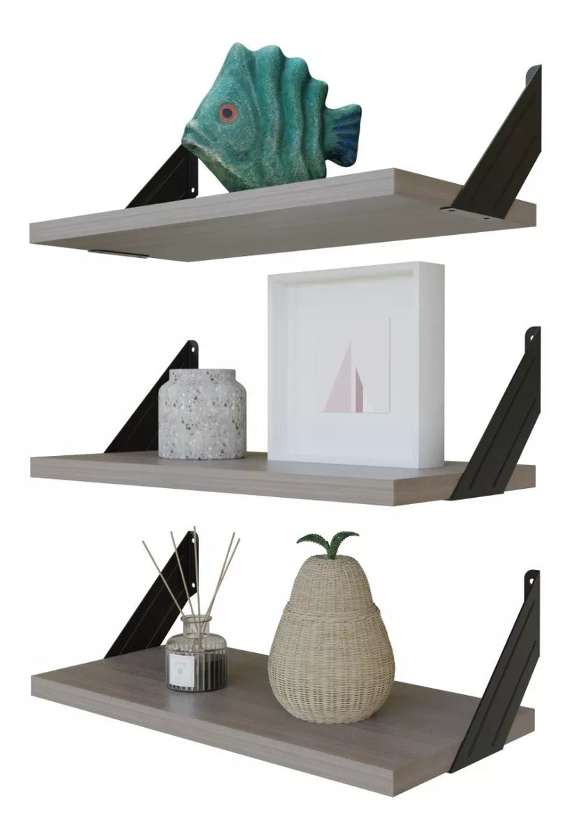 Set 3 Repisas Melamina 40x20 cm Ceniza Soporte Lateral