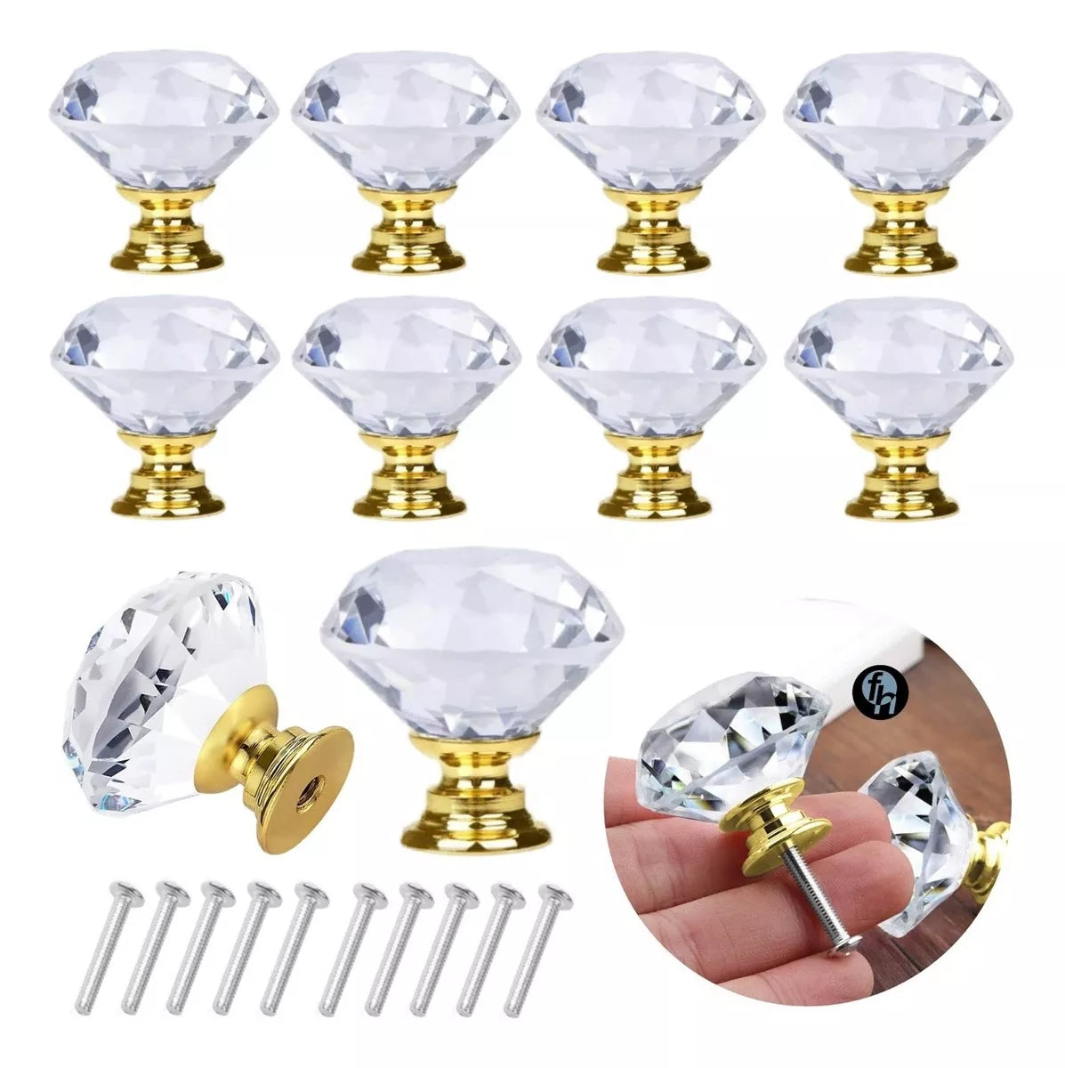 Perilla Jaladera De Cristal 30 mm Latón Brillante Forma Diamante