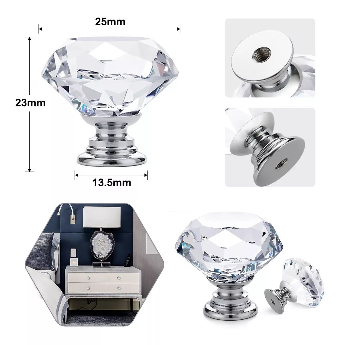 Perillas Jaladera De Cristal 25 mm Cromo Forma Diamante