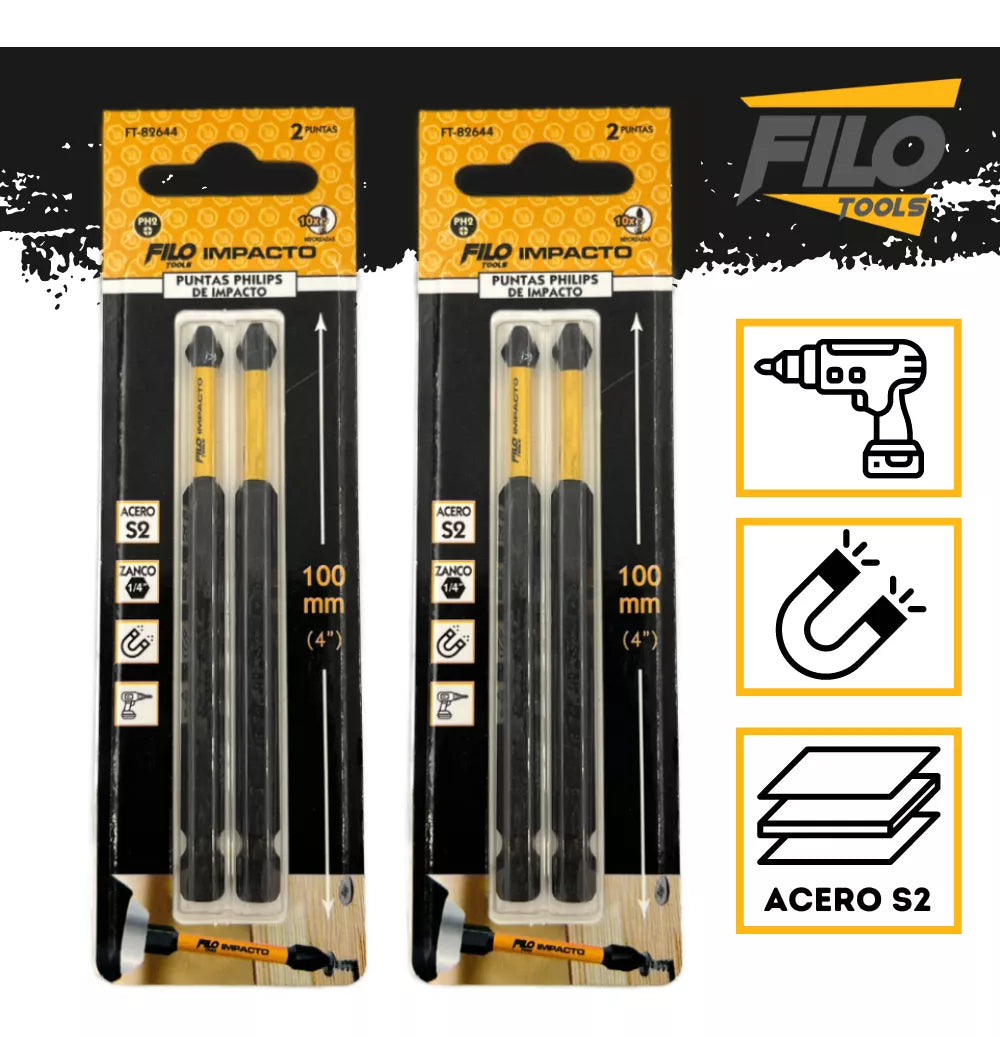 Puntas De Impacto Phillips PH2 Acero S2 Filo Tools 100 mm