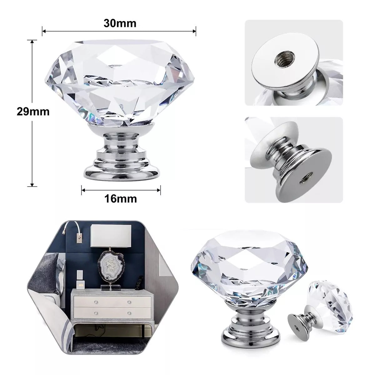 Perillas Jaladera De Cristal 30 mm Cromo Forma Diamante
