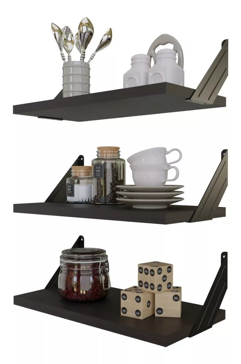 Set 3 Repisas Melamina 40x20 cm Wengue Soporte Lateral