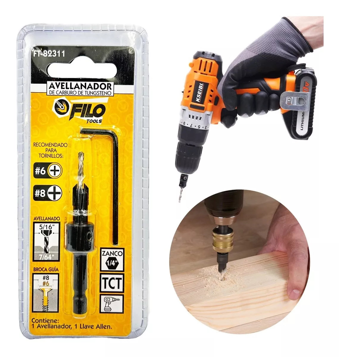 Broca Avellanador Carburo De Tungsteno #6 y #8 Con Llave Allen Filo Tools