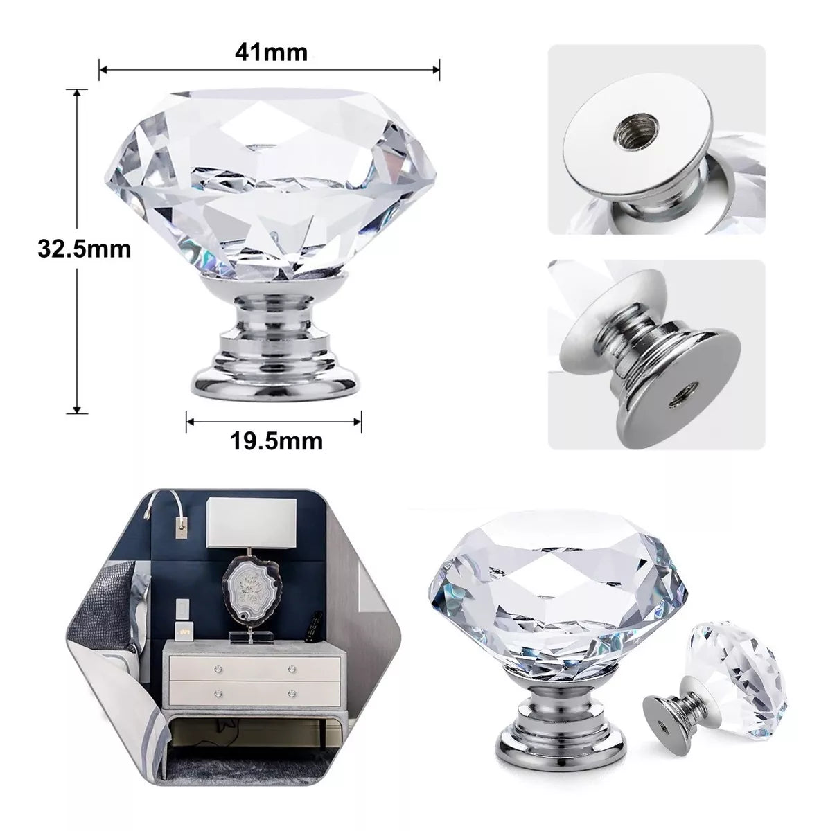 Perillas Jaladera De Cristal 40 mm Cromo Forma Diamante