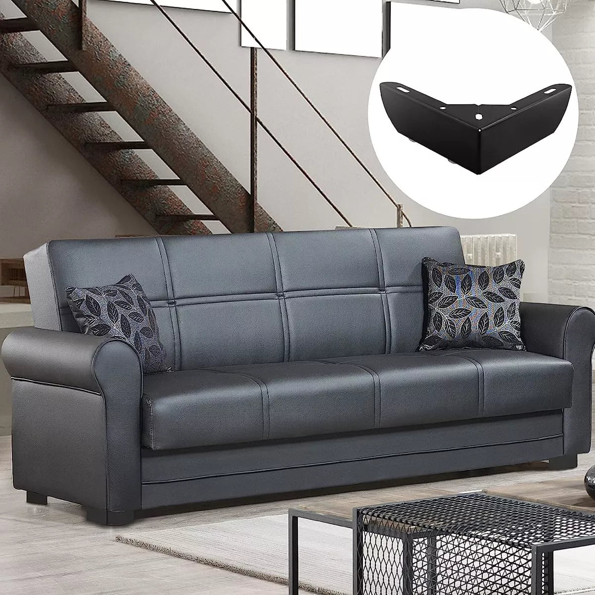 Pata Para Sofá y Muebles Esquinera 6 cm Acero Negro Mate 4 Piezas Con Tornillos
