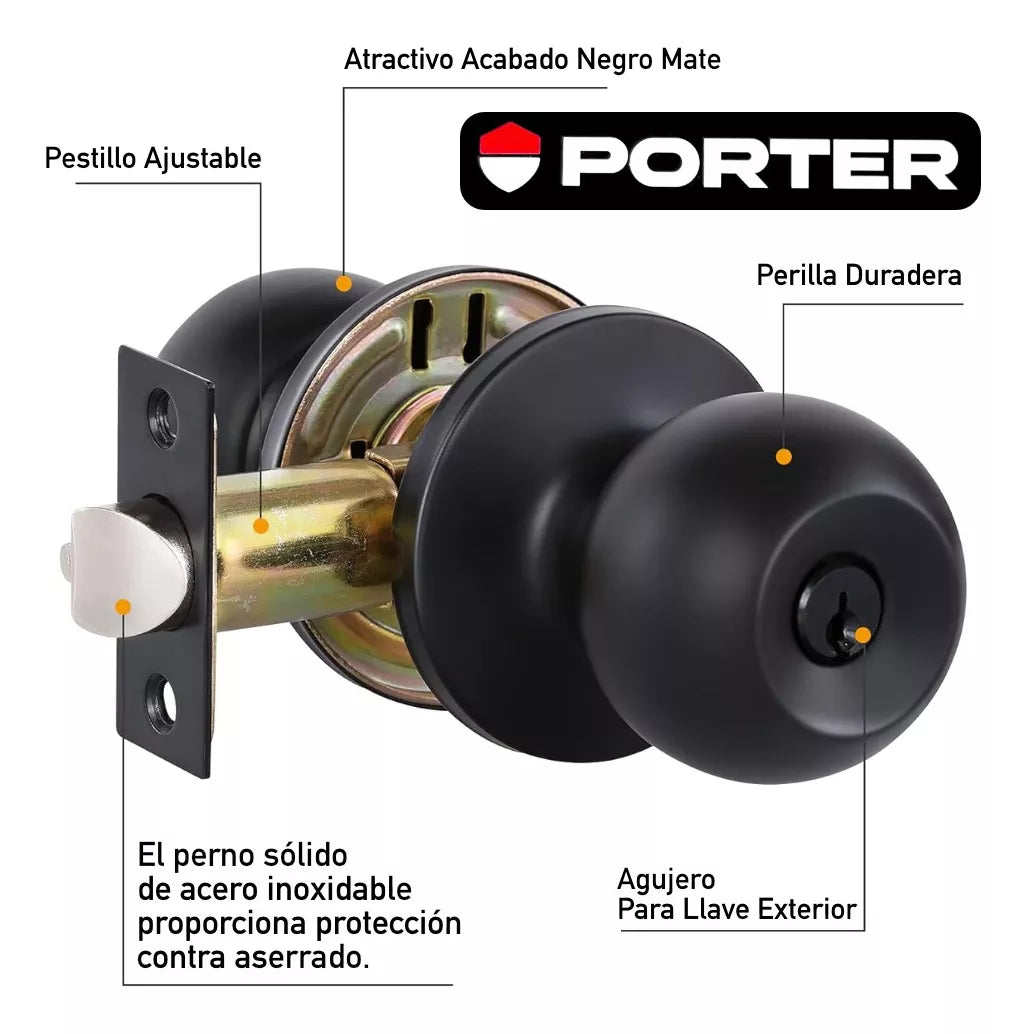 Cerradura Chapa De Perilla Recámara Negro Mate Porter