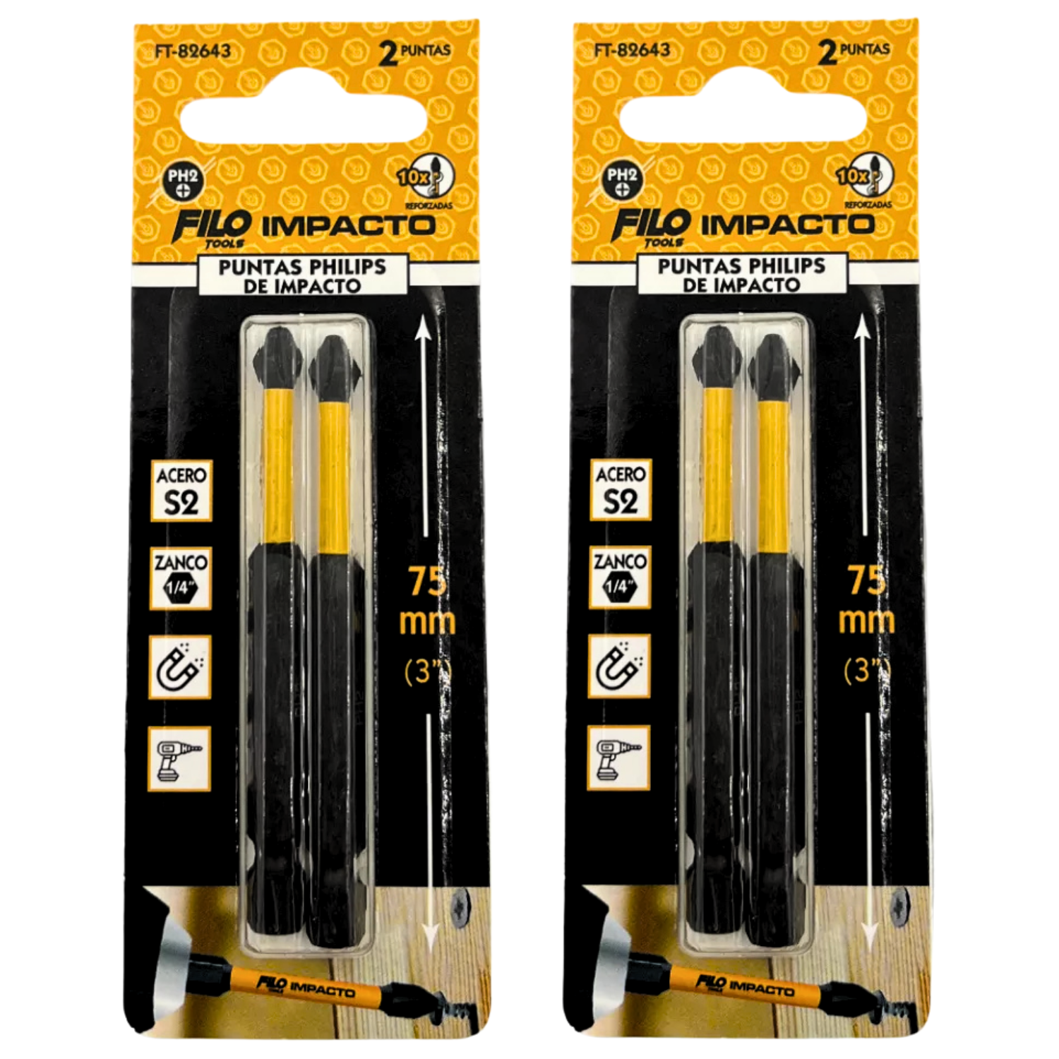 Puntas De Impacto Phillips PH2 Acero S2 Filo Tools 75 mm