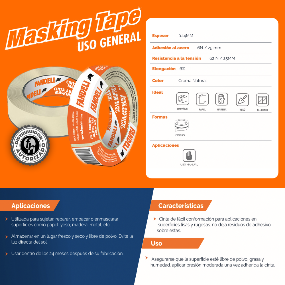 Cinta Masking Tape 18 mm x 50 m Multiusos Fandeli 72161