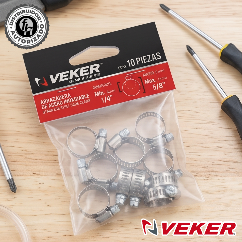 Mini Abrazadera Reforzada 12580 Acero Inox 1/4 - 5/8 Veker 10 pzas