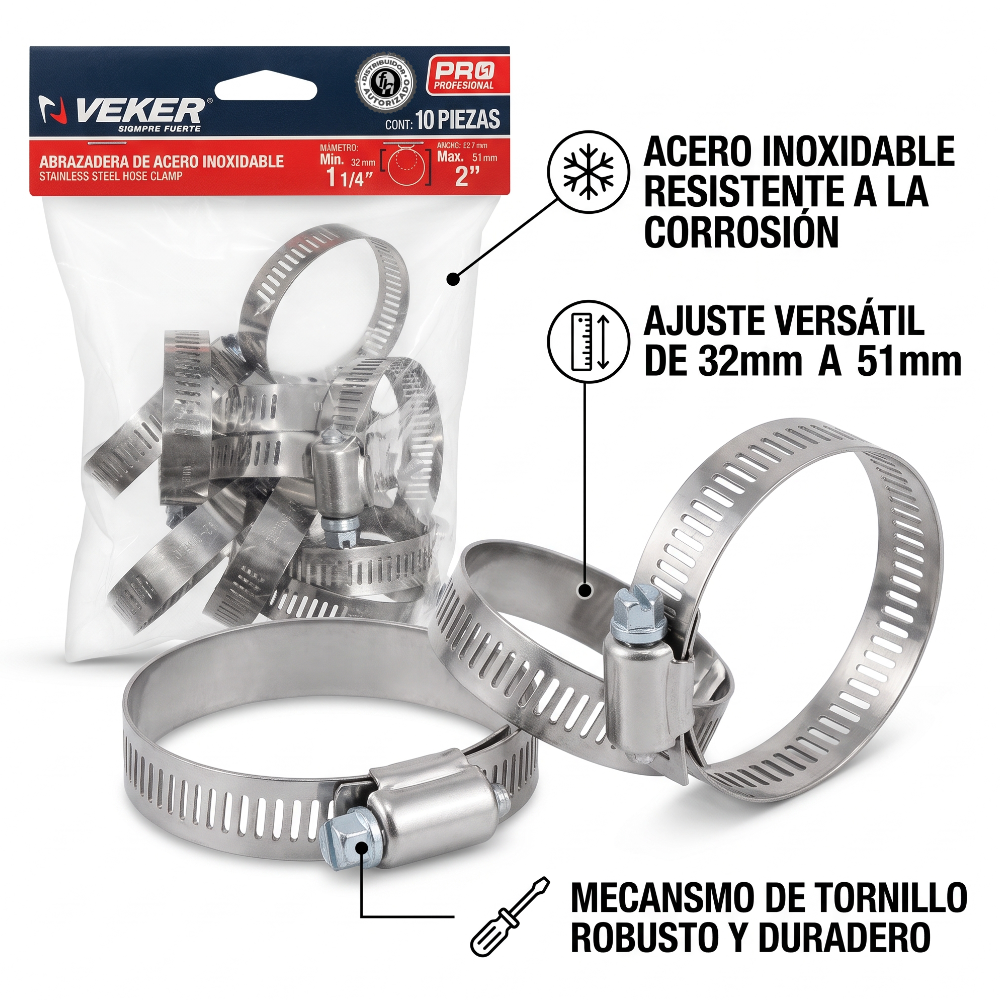 Abrazadera Reforzada Acero Inoxidable 32 - 51 mm (10 piezas) Veker 12592