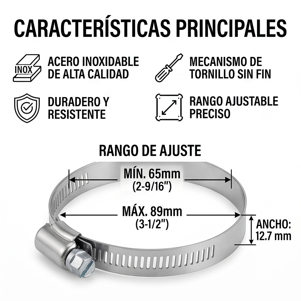 Abrazadera Reforzada Acero Inoxidable 65 - 89 mm (5 piezas) Veker 12598