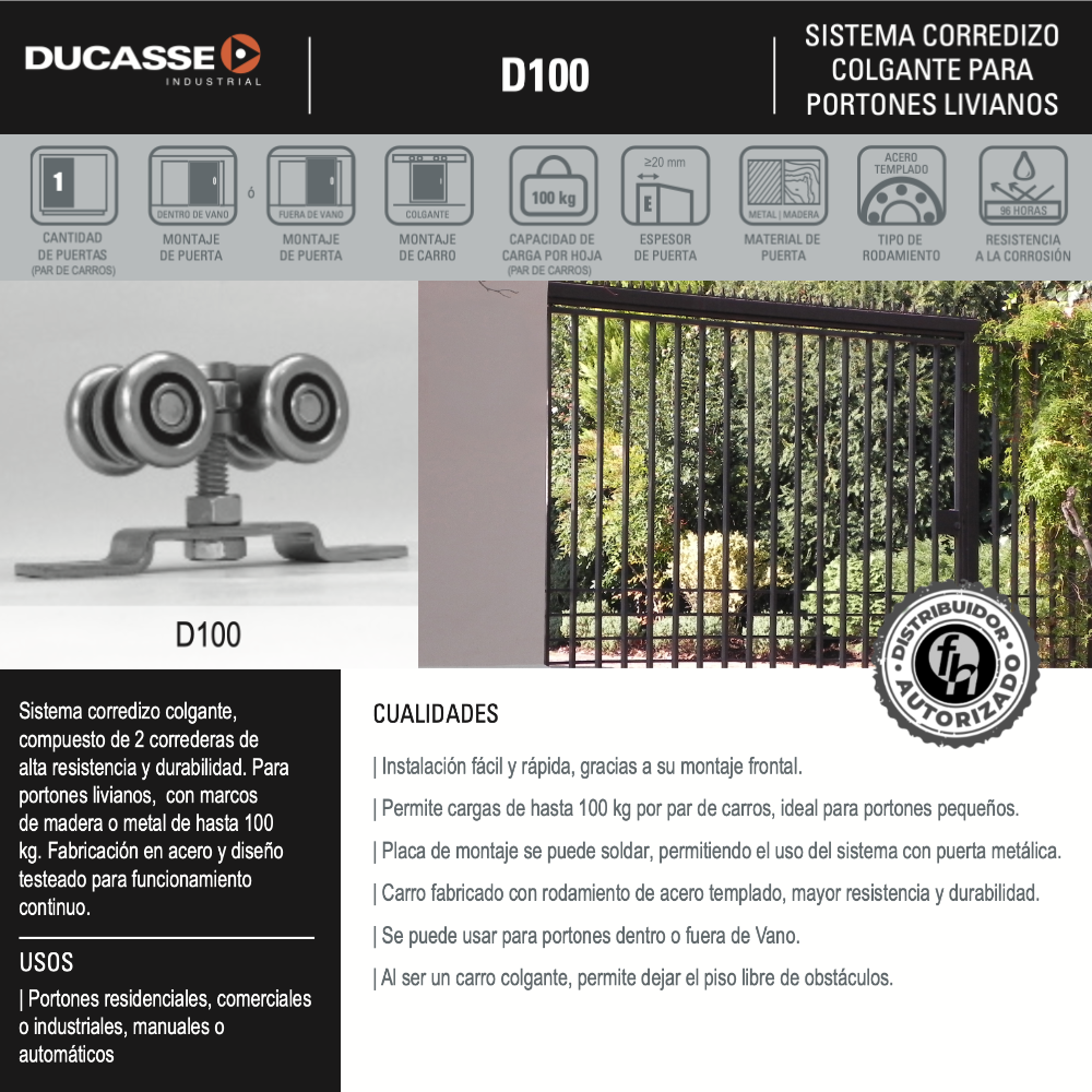 Sistema Corredizo Colgante D100 Para Portones 100 kg Ducasse