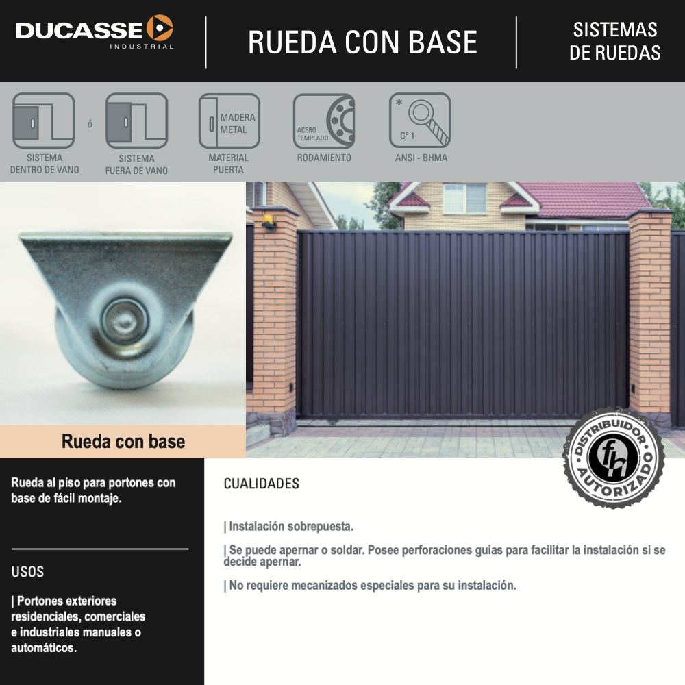 Rueda Con Base Para Portón Industrial Carga Pesada Acero Templado Ducasse