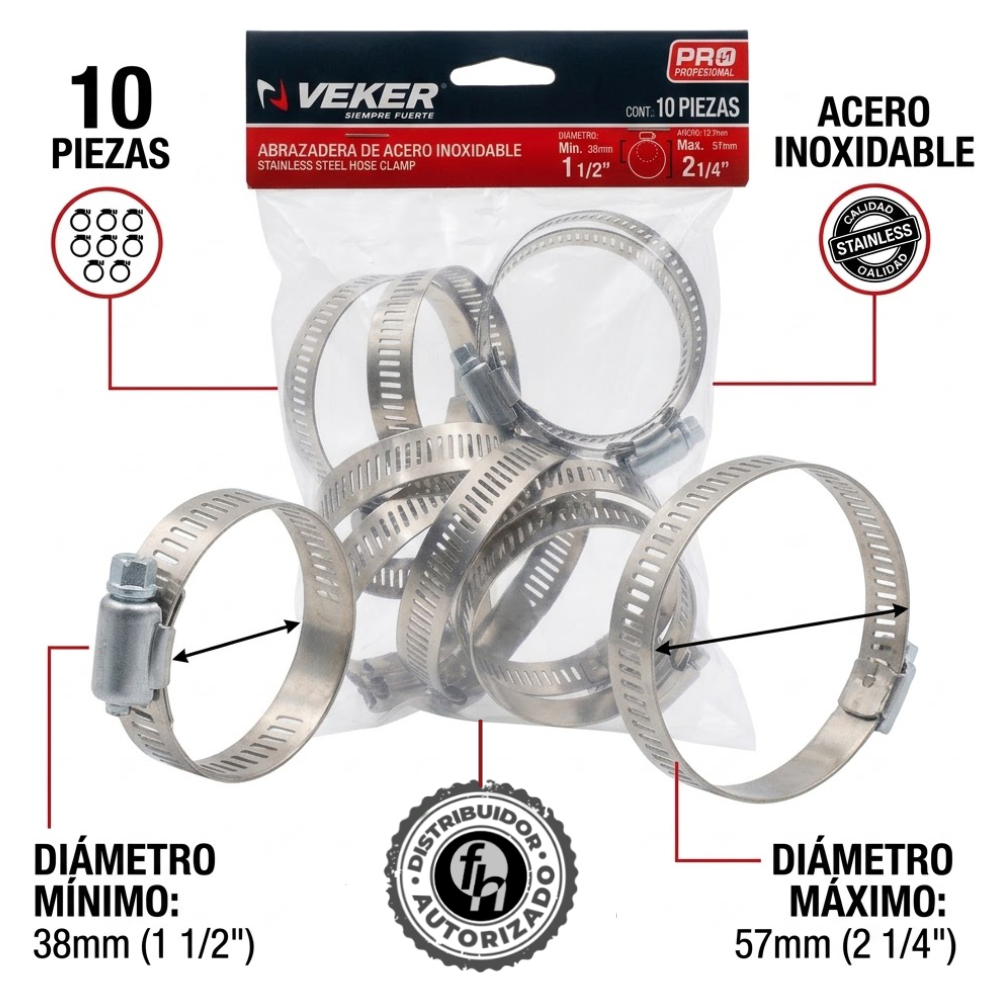 Abrazadera Reforzada Acero Inoxidable 38 - 57 mm (10 piezas) Veker 12593