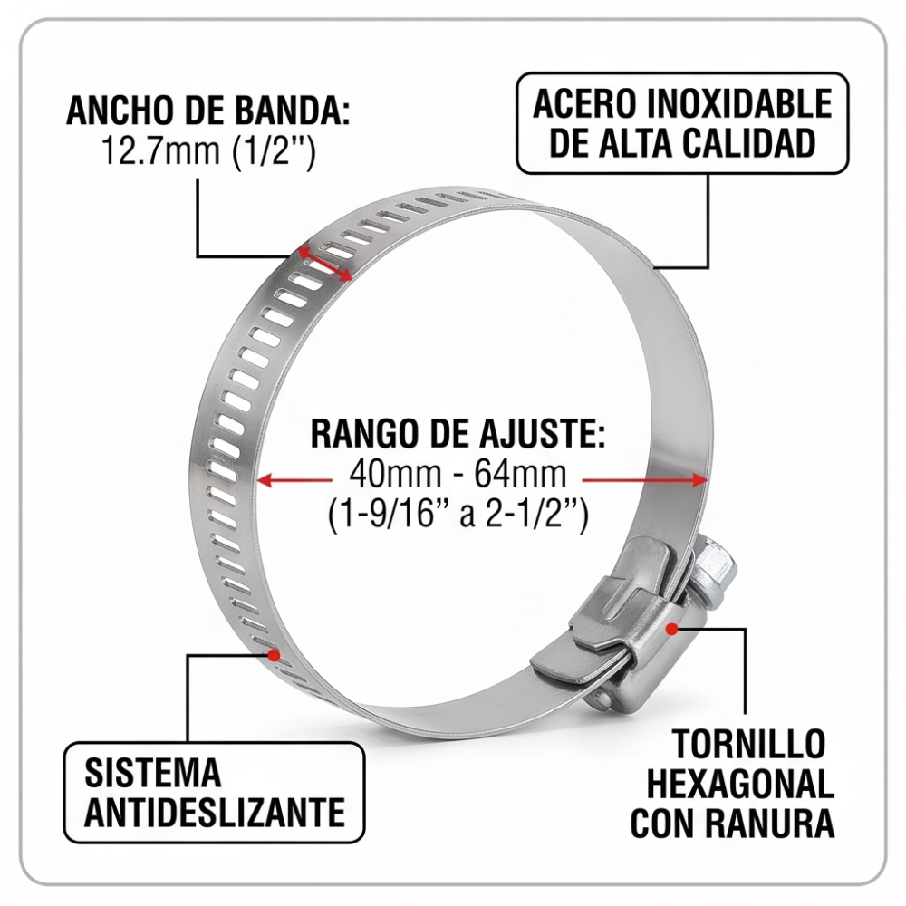 Abrazadera Reforzada Acero Inoxidable 40 - 64 mm (5 piezas) Veker 12594
