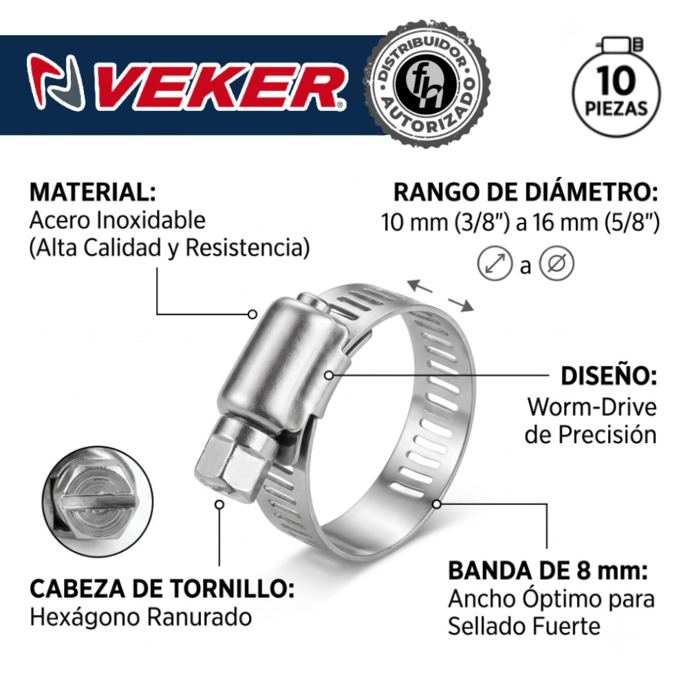Mini Abrazadera Reforzada 12581 Acero Inox 3/8 - 5/8 Veker 10pzas