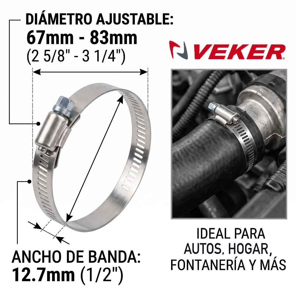 Abrazadera Reforzada Acero Inoxidable 67 - 83 mm (5 piezas) Veker 12597