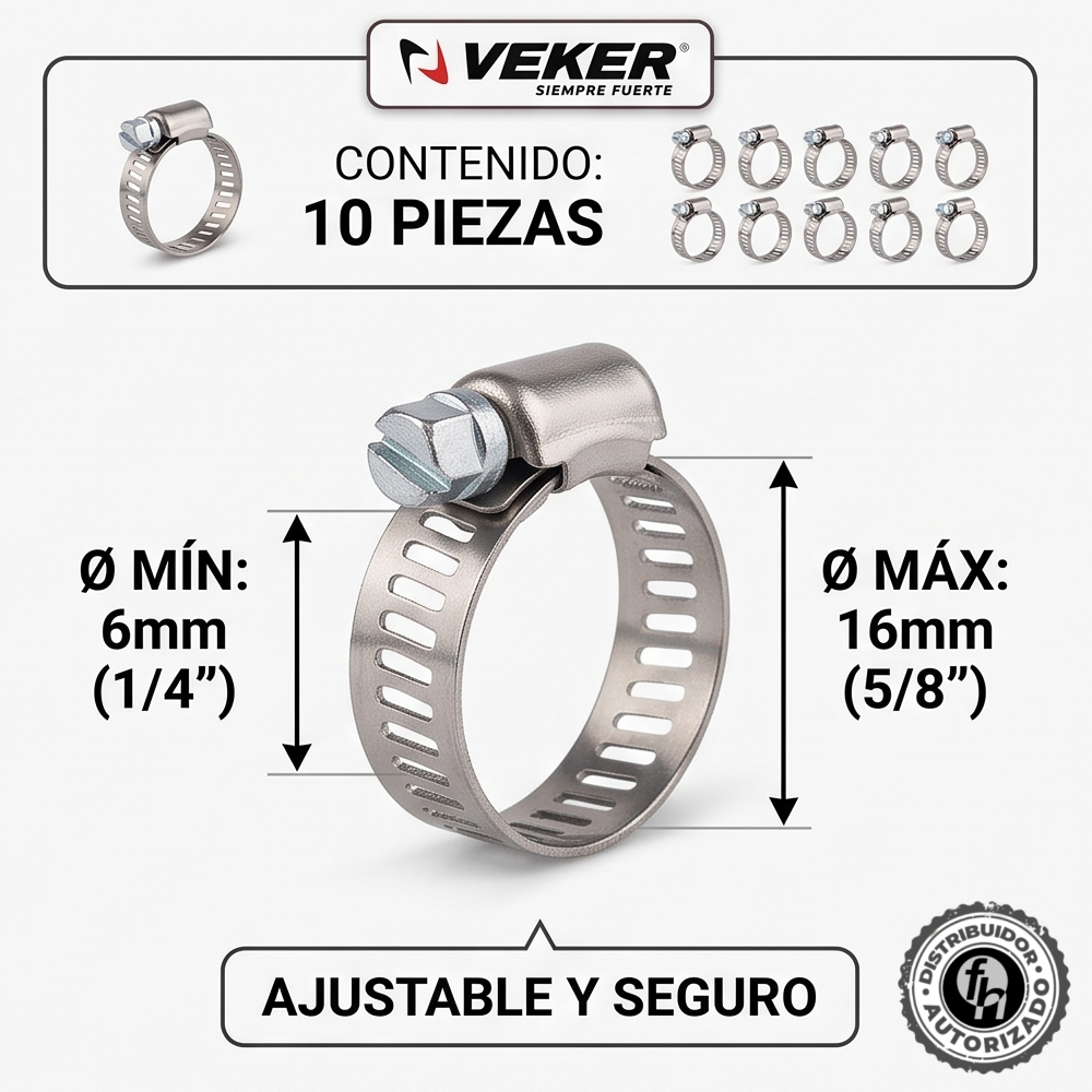 Mini Abrazadera Reforzada 12580 Acero Inox 1/4 - 5/8 Veker 10 pzas