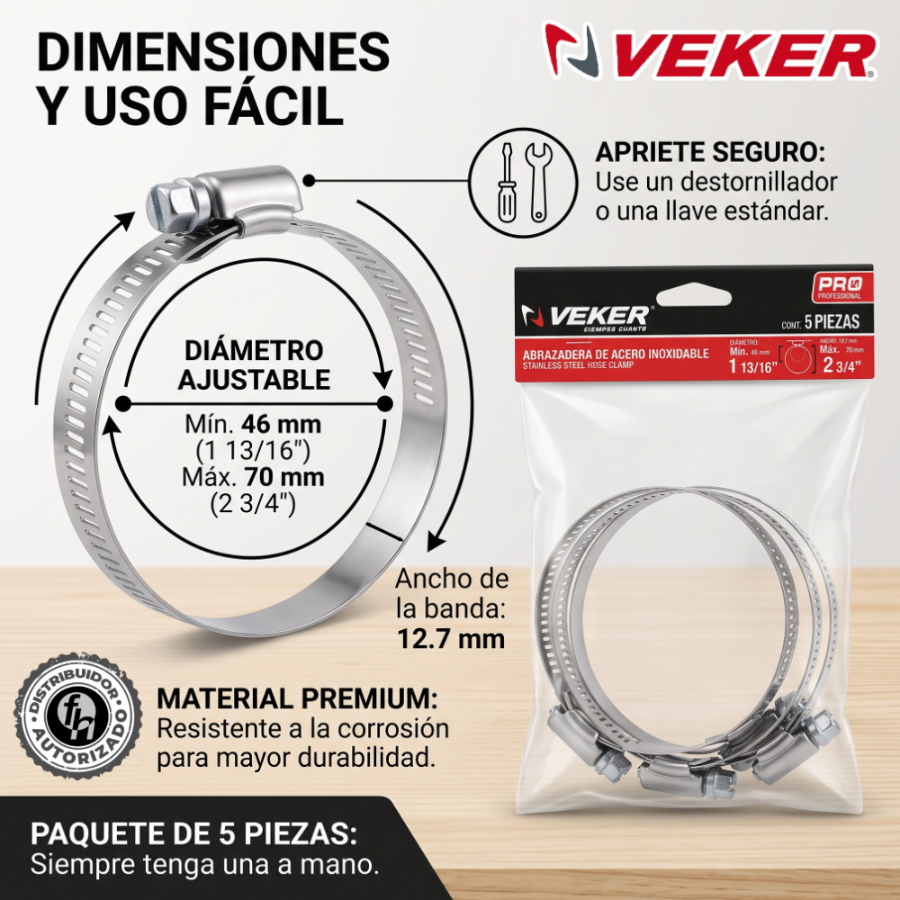 Abrazadera Reforzada Acero Inoxidable 46 - 70 mm (5 piezas) Veker 12595