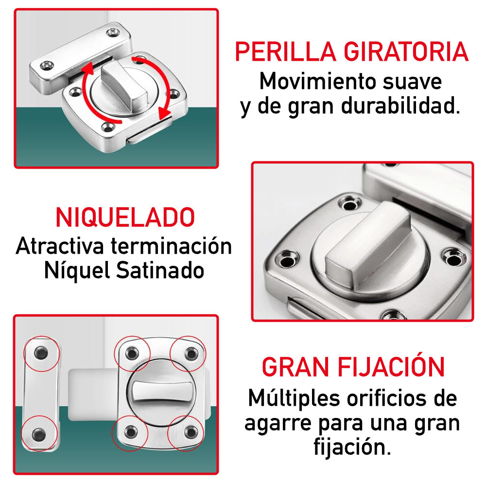Pasador Cerrojo Giratorio De Seguridad Bidireccional 180° Níquel Con Tornillos