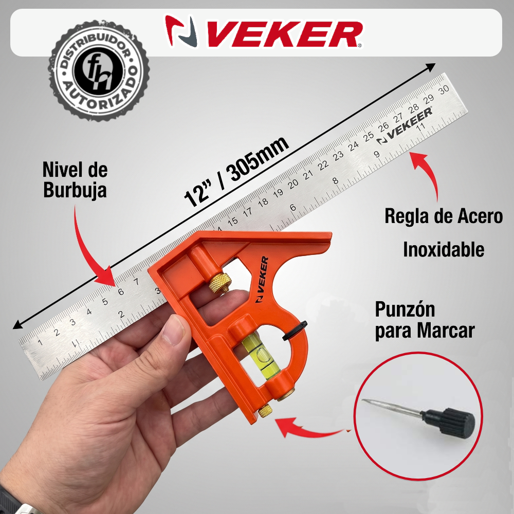Escuadra Combinación 30cm Ángulos y Nivel Carpintero 12236