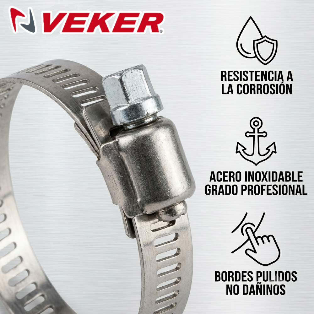 Mini Abrazadera Reforzada 12583 Acero Inox 1/2 - 7/8 Veker 10pzas