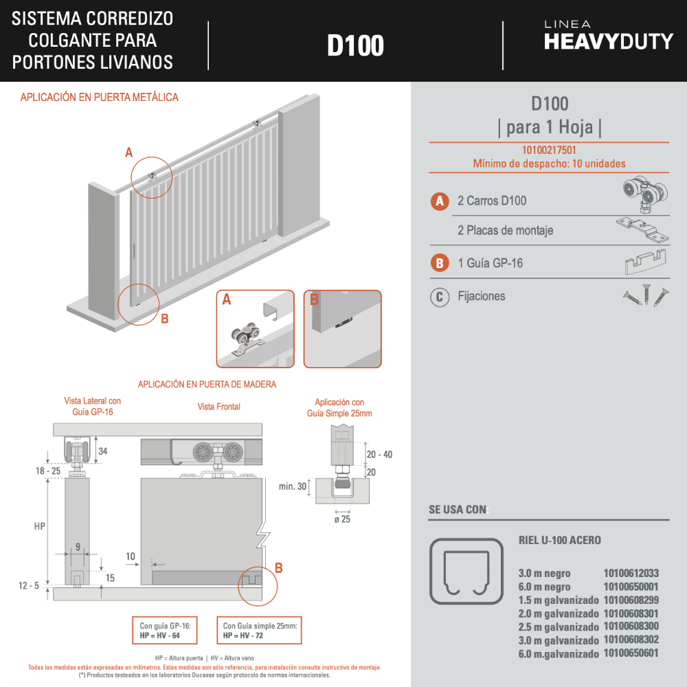 Kit Sistema D100 Para Porton Colgante con Riel U100 Lamina